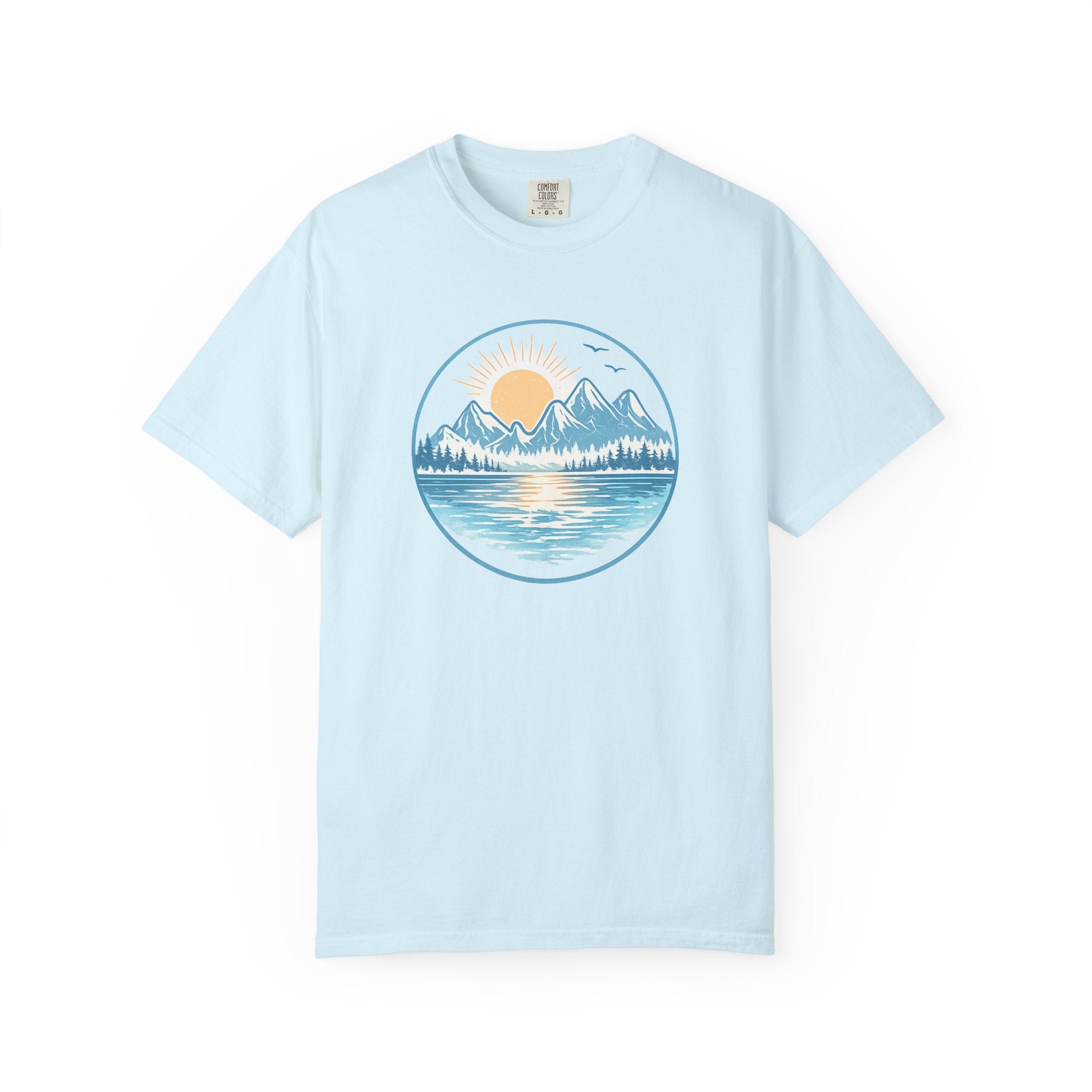 Sunset Mountain Lake T-Shirt- Blue Graphic Lake Tee