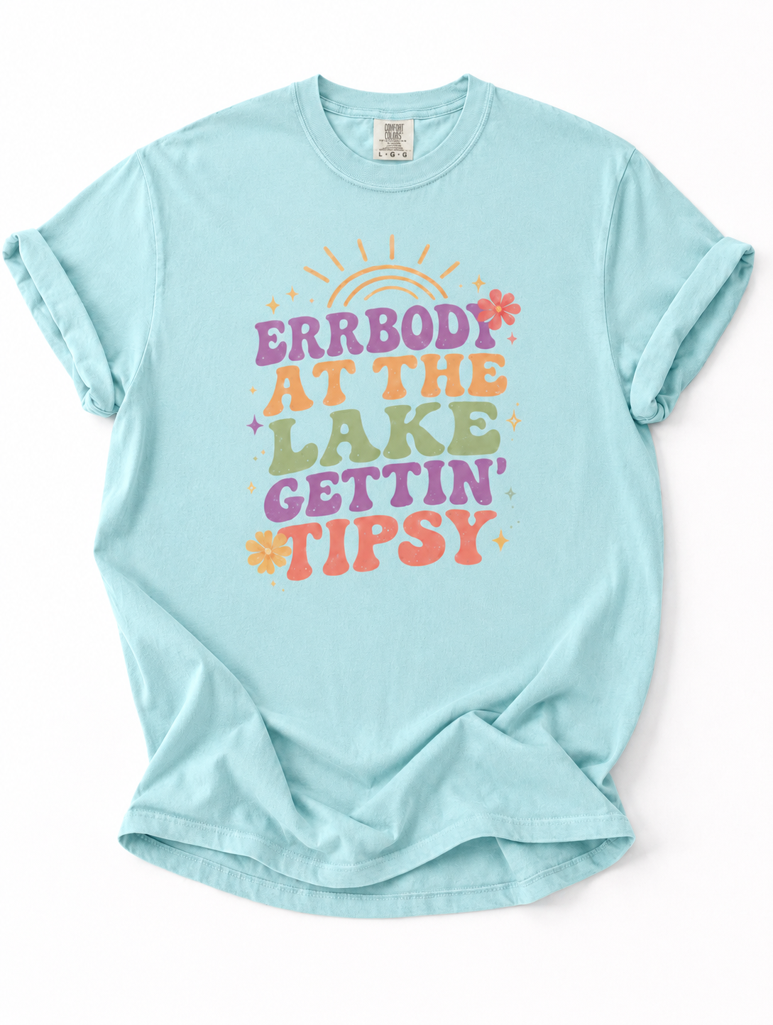 Light blue t-shirt with colorful text design on a white background