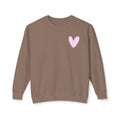 A taupe brown crewneck sweatshirt with a small light pink heart printed on the left chest, displayed against a clean white background.