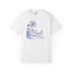 White t-shirt with blue palm tree design and 'Bali' text on a white background
