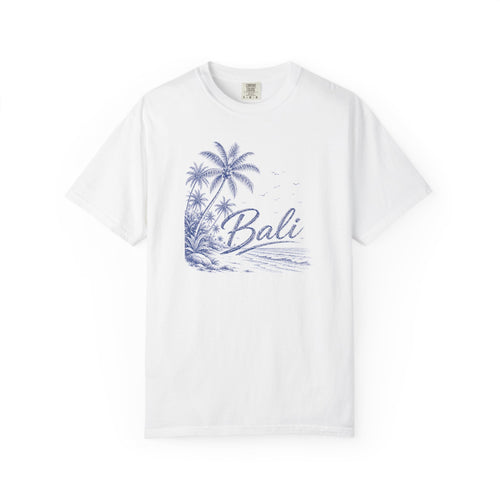 White t-shirt with blue palm tree design and 'Bali' text on a white background