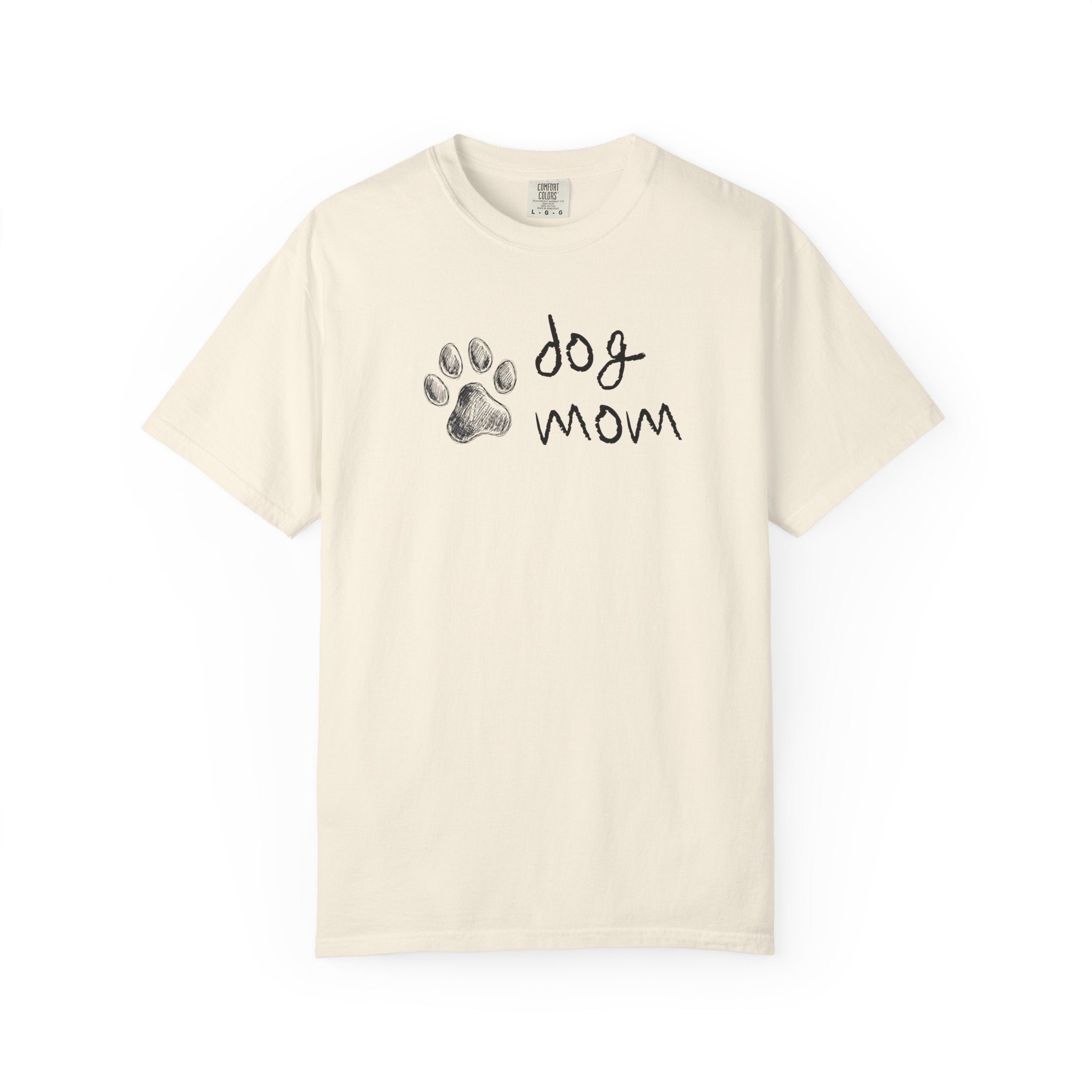 Beige t-shirt with black text on a white background