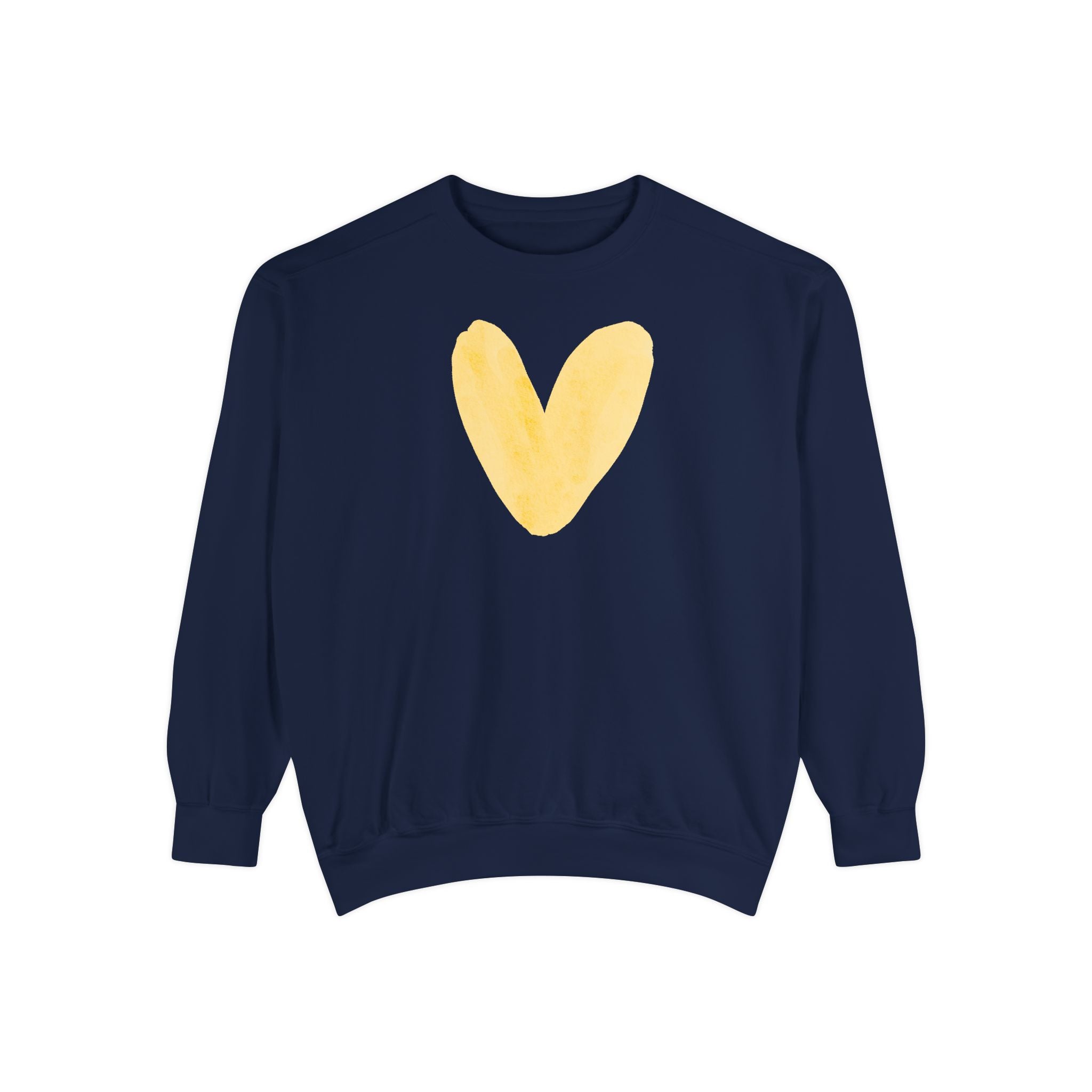 A navy blue crewneck sweatshirt featuring a large, textured yellow heart graphic printed on the center chest, displayed against a solid white background.