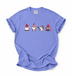 Purple t-shirt with four gnome illustrations on a white background
