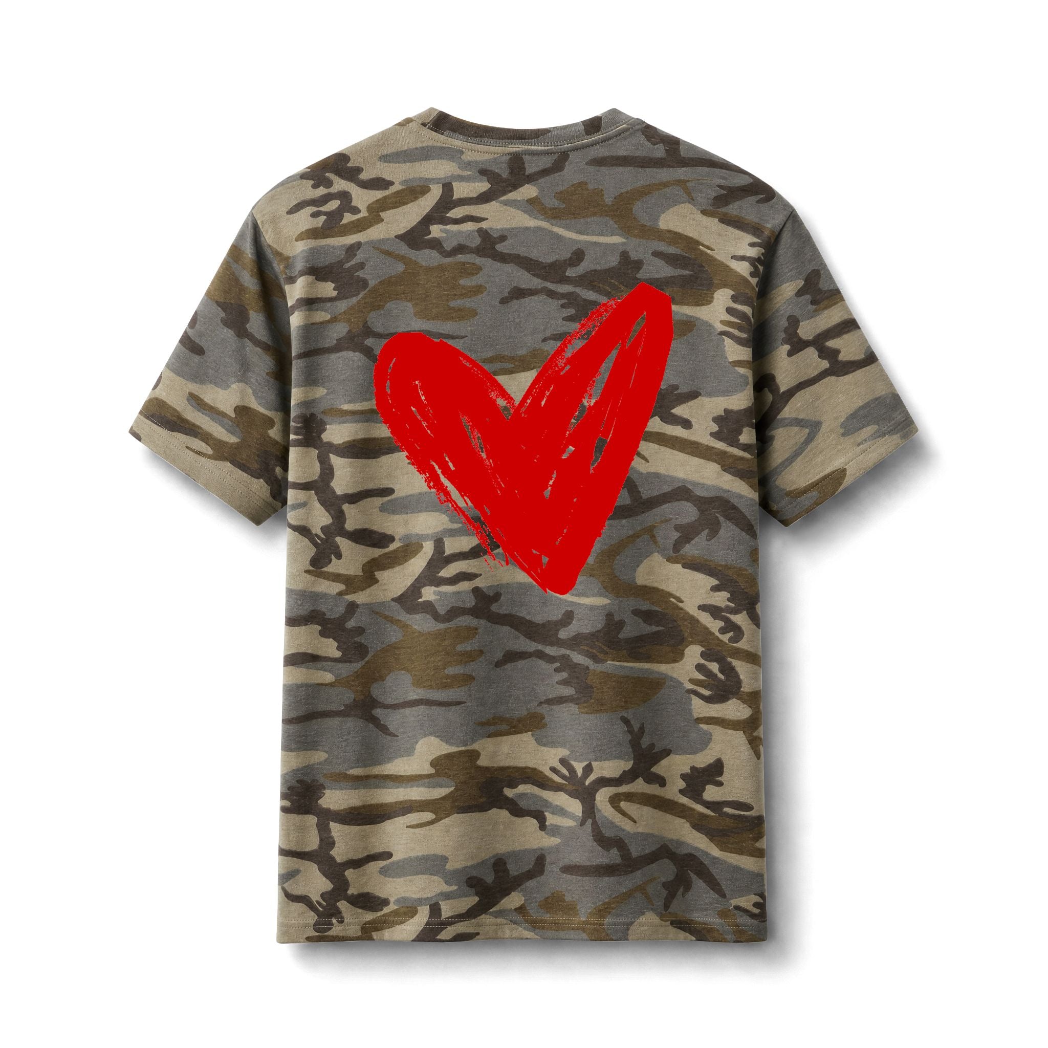 A short-sleeve crewneck t-shirt featuring a classic camouflage pattern in shades of brown, beige, and gray, with a large, bold red hand-painted style heart on the back.