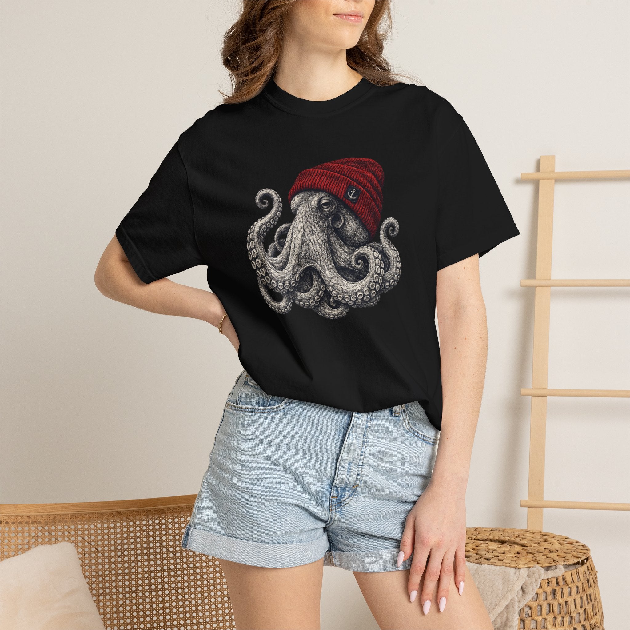Octopus with Red Beanie T-shirt- Ocean Graphic Tshirt