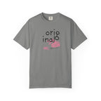 Gray t-shirt with 'original' text and pink design on a white background