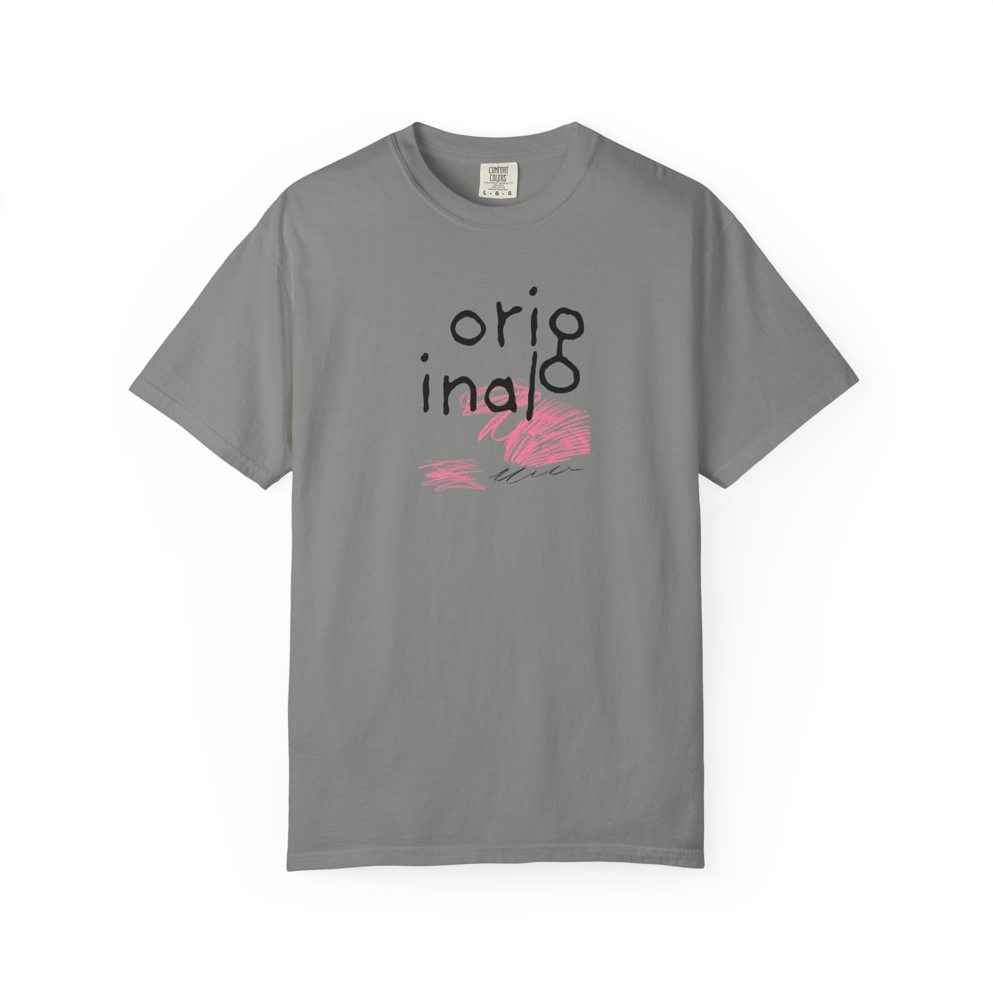 Gray t-shirt with 'original' text and pink design on a white background