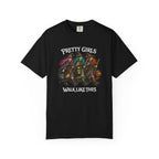 A black short-sleeve crewneck t-shirt featuring a graphic print of four witch characters with the text 'PRETTY GIRLS WALK LIKE THIS' in white, displayed against a plain white background.