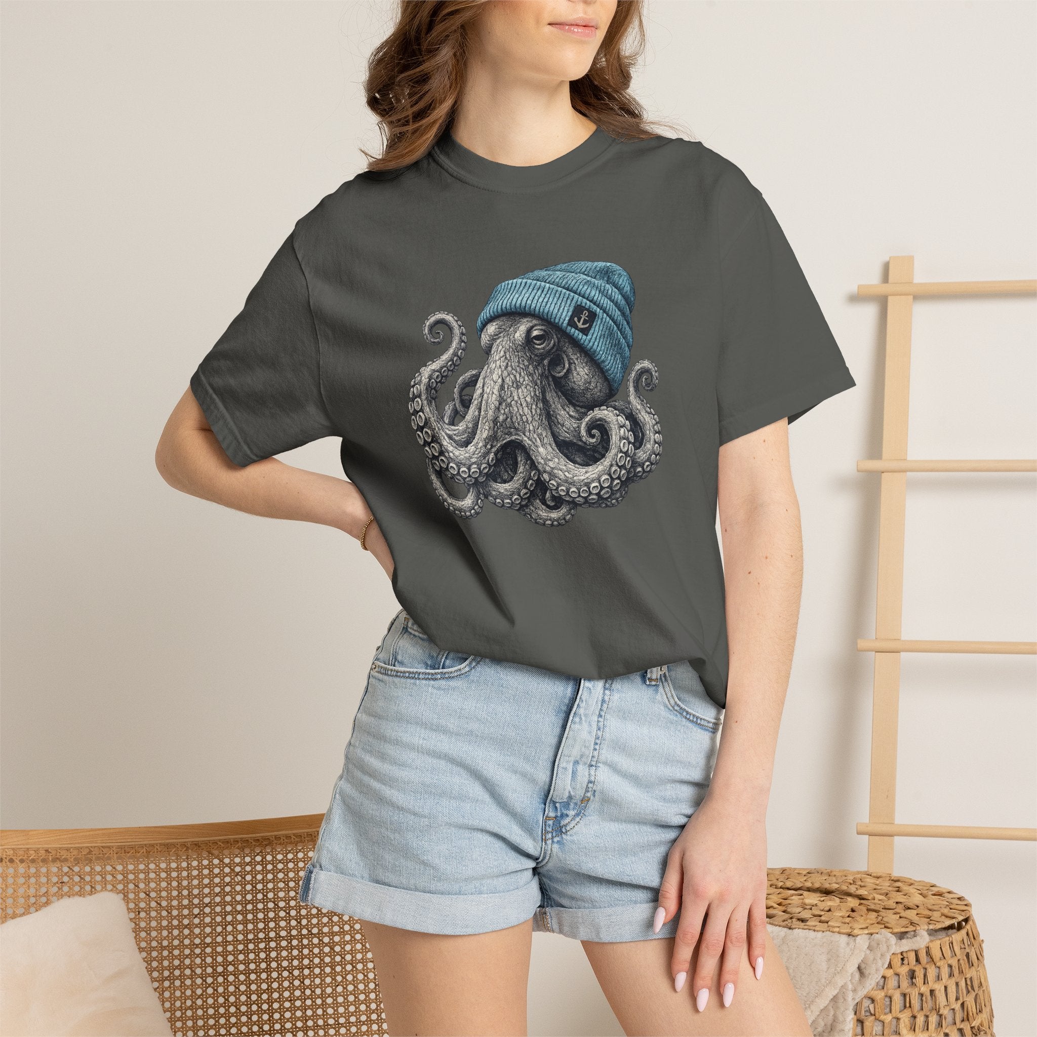 Octopus Blue Beanie T-Shirt — Ocean Life Graphic Tee