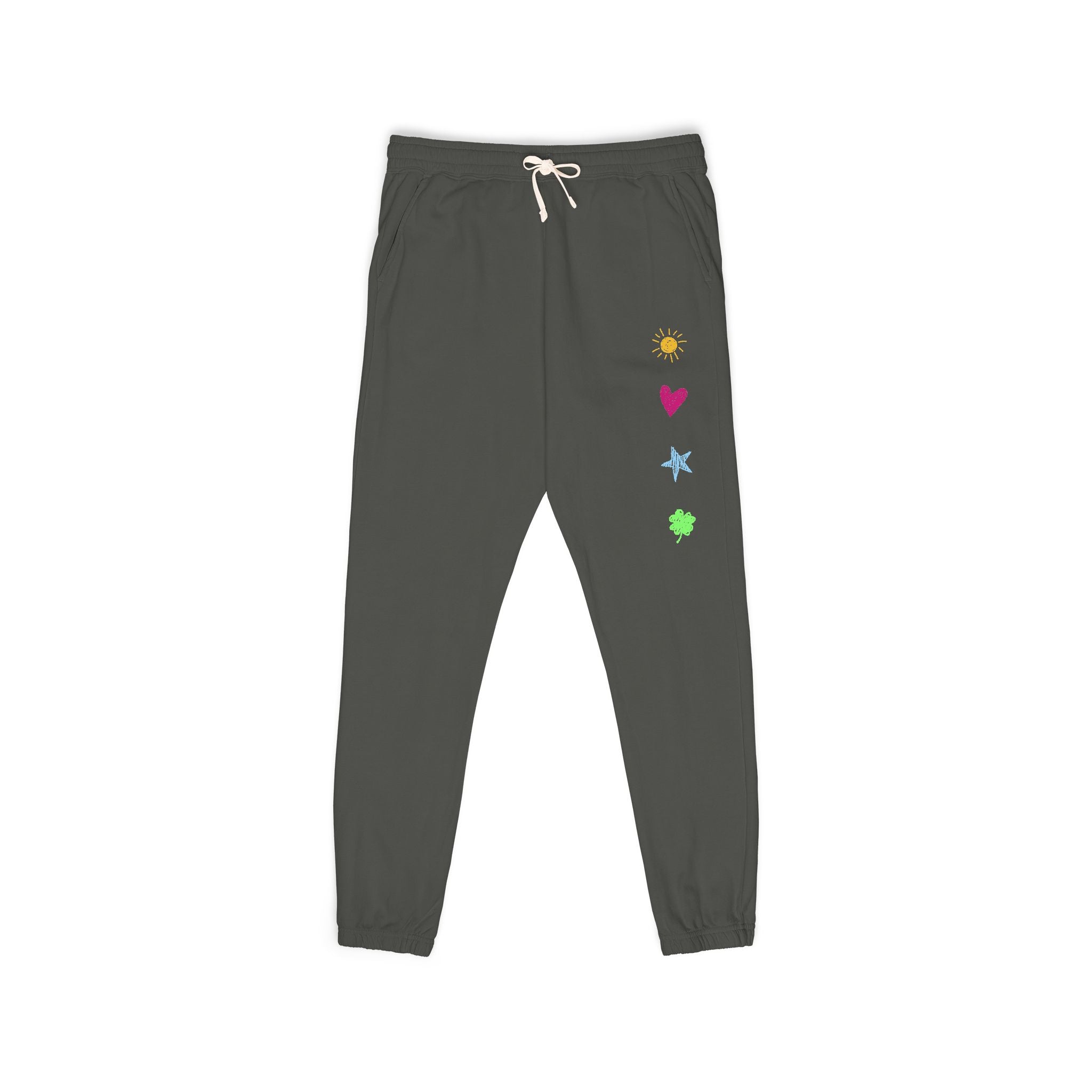 Heart Stars Fleece Sweat Pants- Heart Star Graphic Sweat Pants- Pepper,  Loungewear