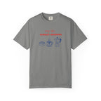 Gray t-shirt with pink and black graphic design on a white background