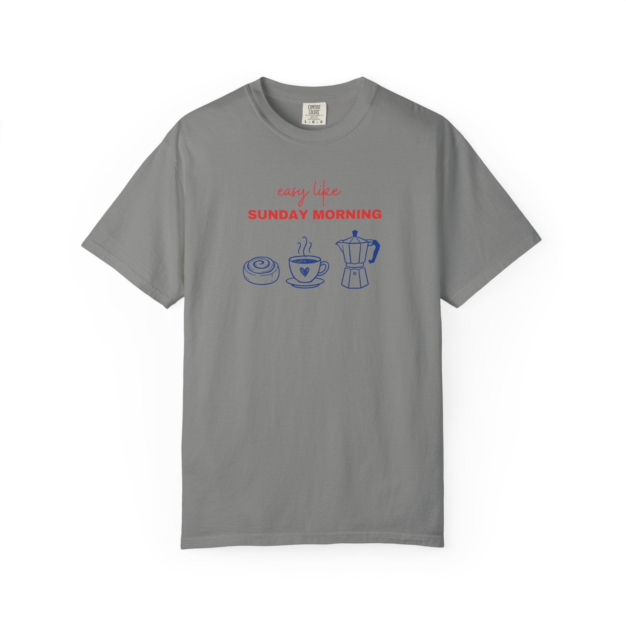 Gray t-shirt with pink and black graphic design on a white background