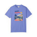 Purple t-shirt with 'Saint Tropez' graphic design on a white background