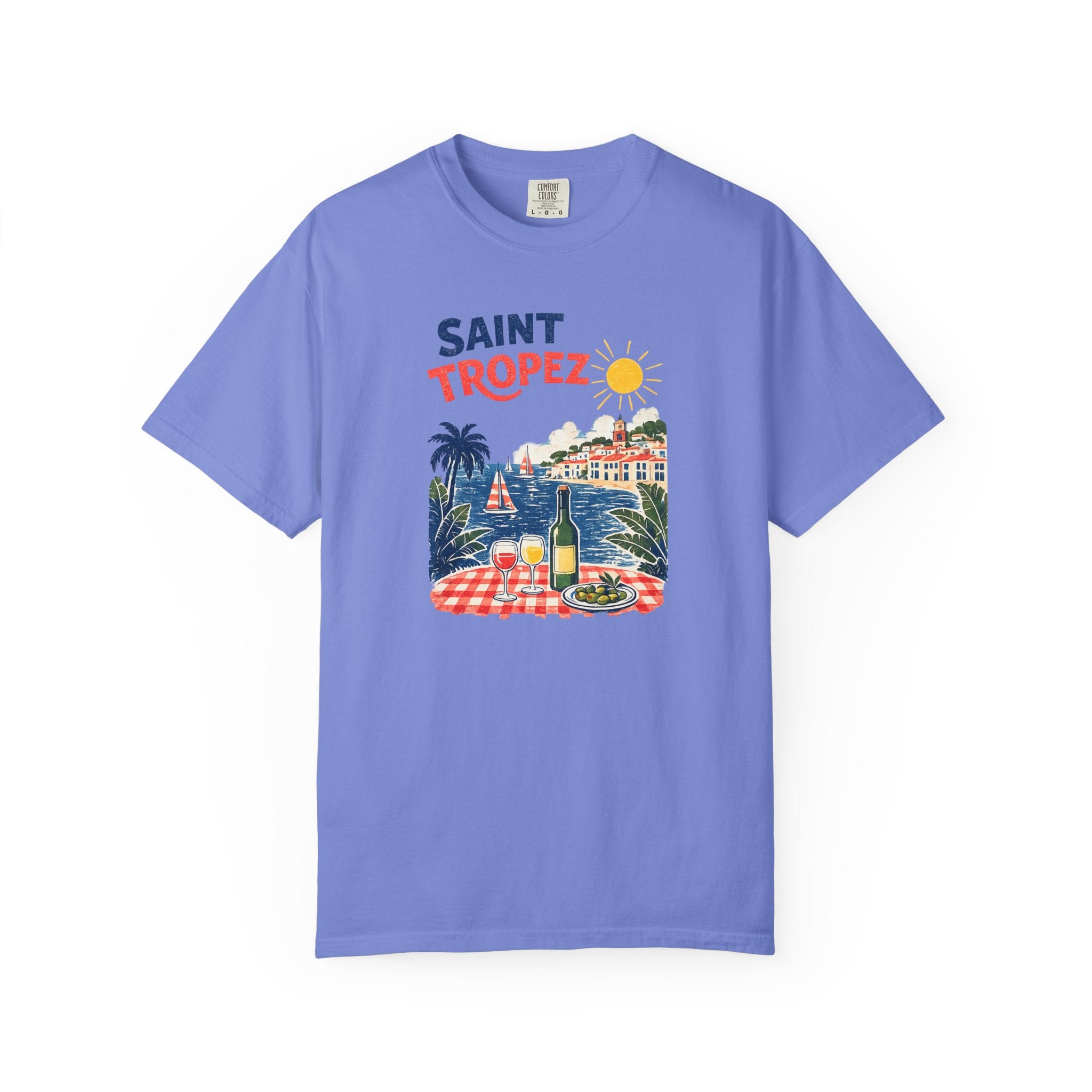 Purple t-shirt with 'Saint Tropez' graphic design on a white background