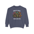 A slate blue crewneck sweatshirt featuring a graphic of three stylized girls dressed as witches with pumpkins, with the text 'PRETTY GIRLS WALK LIKE THIS' printed on the front.