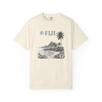 Beige t-shirt with 'FIJI' graphic design featuring a palm tree and mountain on a white background