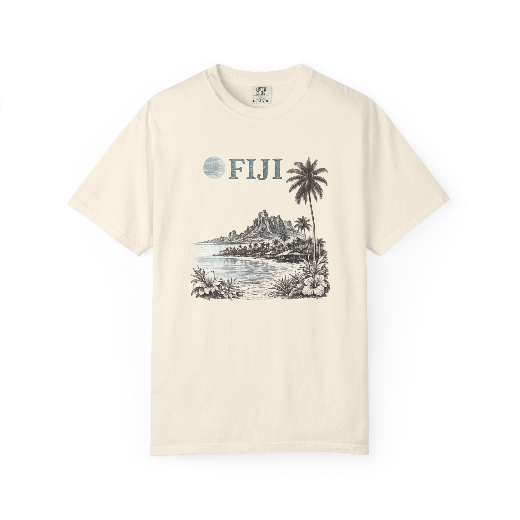 Beige t-shirt with 'FIJI' graphic design featuring a palm tree and mountain on a white background