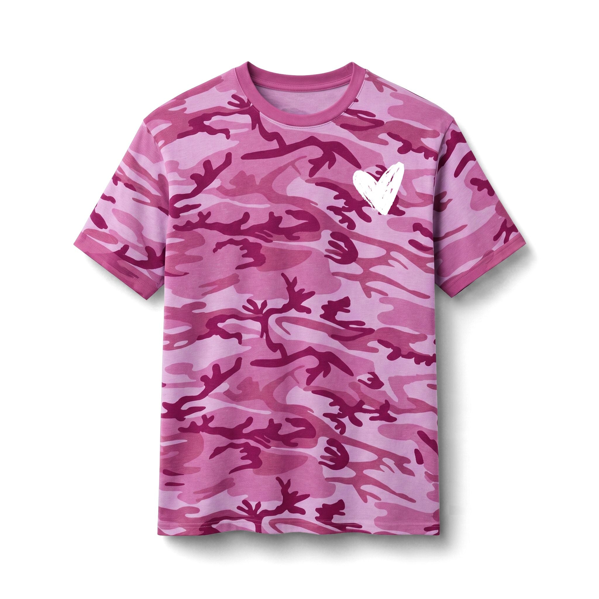 A short-sleeve crewneck t-shirt featuring a pink and purple camouflage pattern with a small white heart graphic on the left chest, displayed against a clean white background.