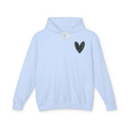 A light blue pullover hoodie with a small black heart graphic on the left chest, featuring white drawstrings, shown against a plain white background.