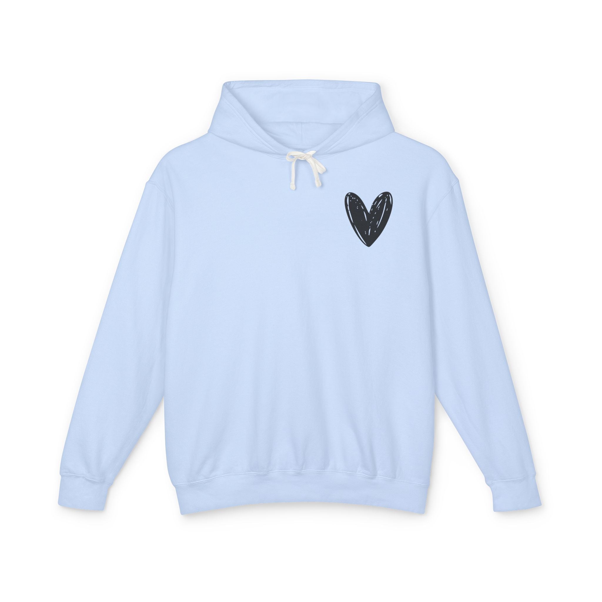 A light blue pullover hoodie with a small black heart graphic on the left chest, featuring white drawstrings, shown against a plain white background.
