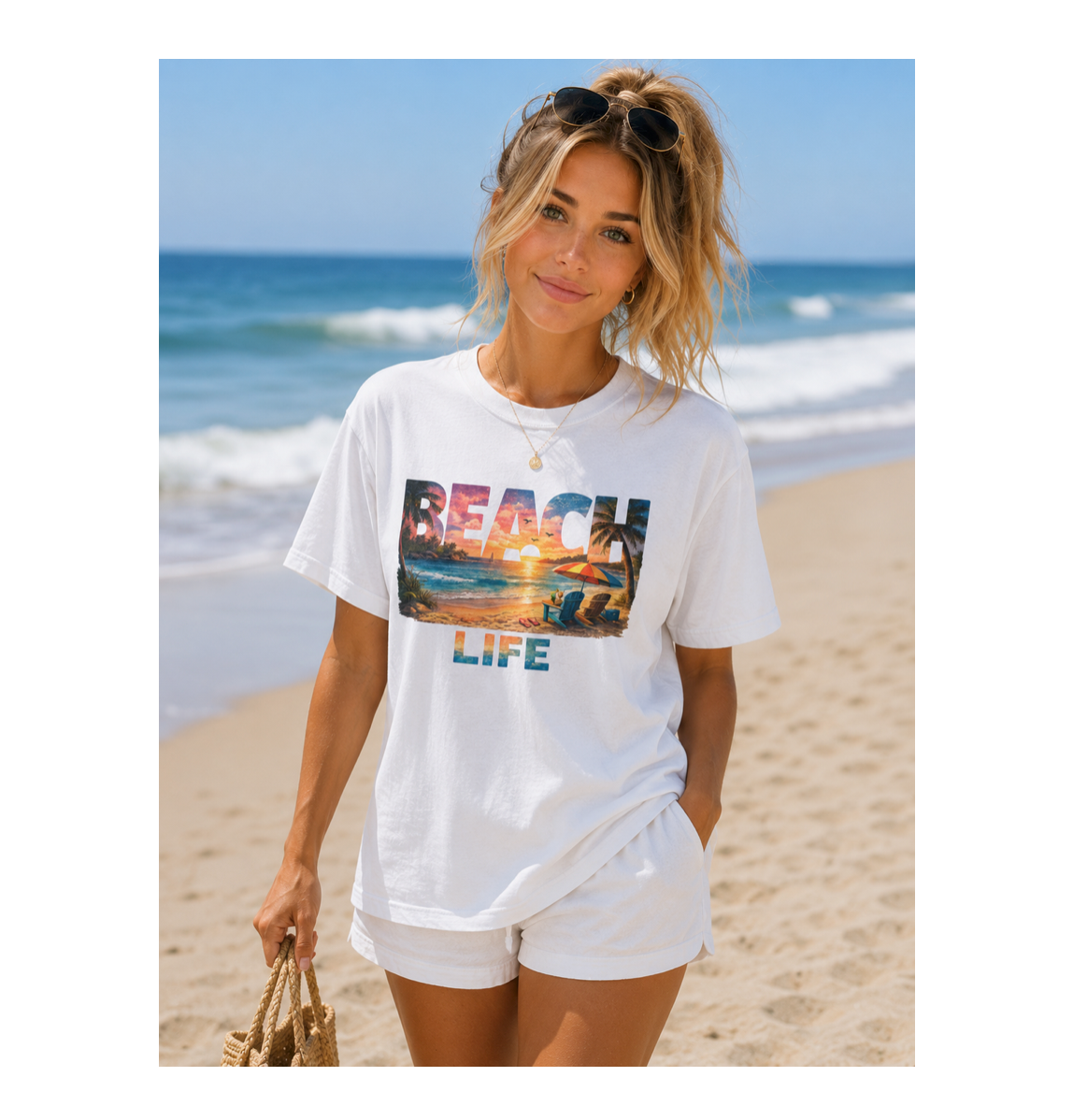 Woman wearing a 'Beach Life' t-shirt on a beach