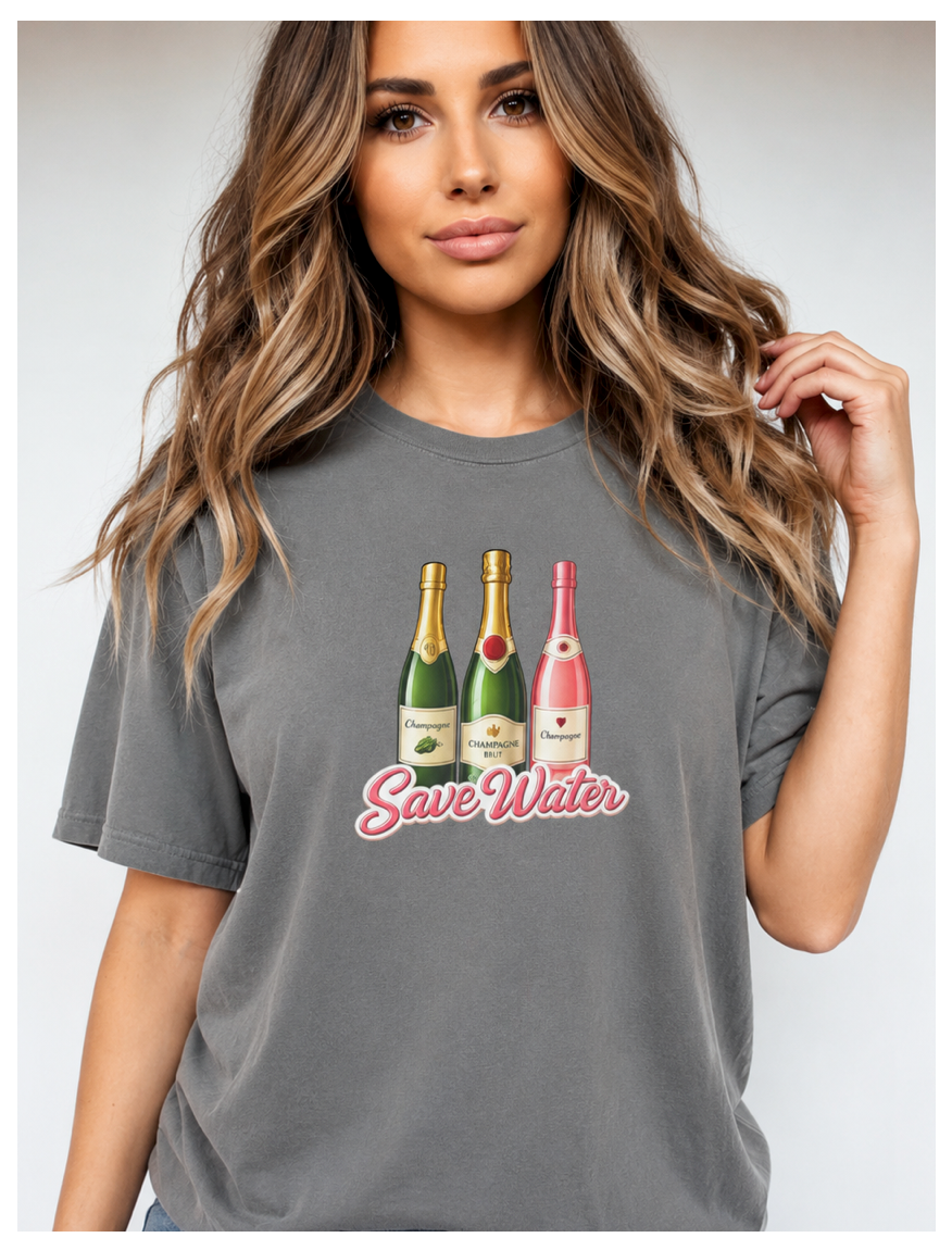Woman wearing a gray t-shirt with graphic designs and text