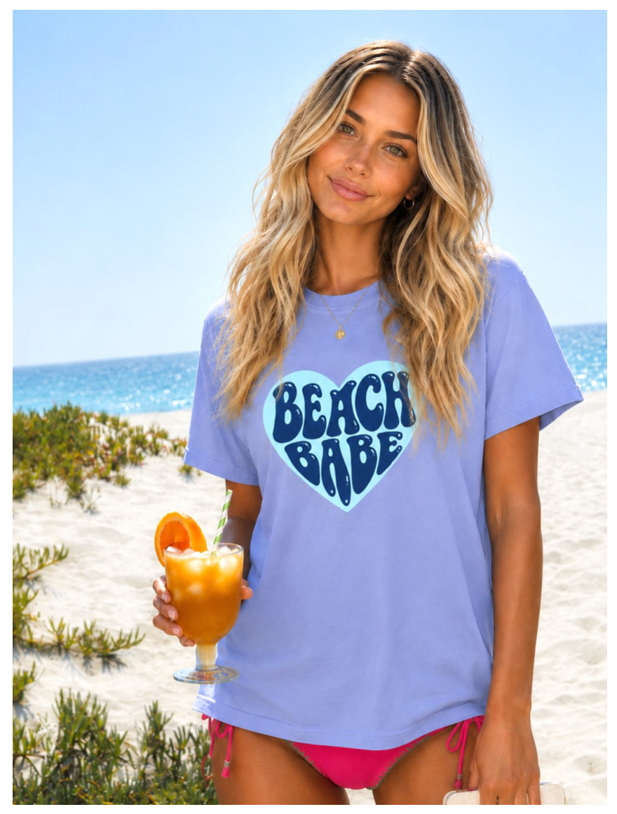 Beach Babe Heart T-Shirt- Dark Blue on Light Blue Heart Graphic Tee