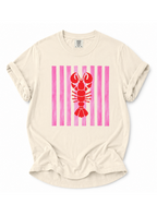 Beige t-shirt with a red lobster on pink and white striped background