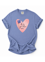 Blue t-shirt with a heart-shaped design and text on a white background