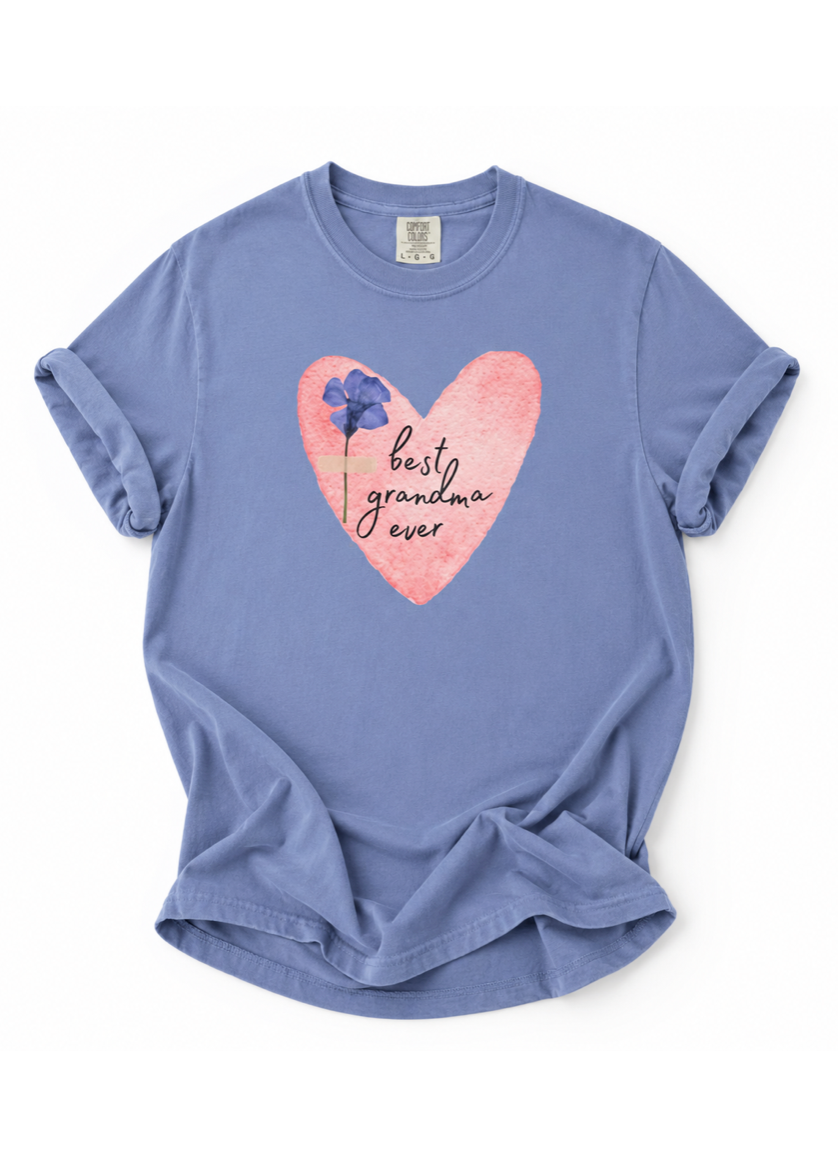 Blue t-shirt with a heart-shaped design and text on a white background