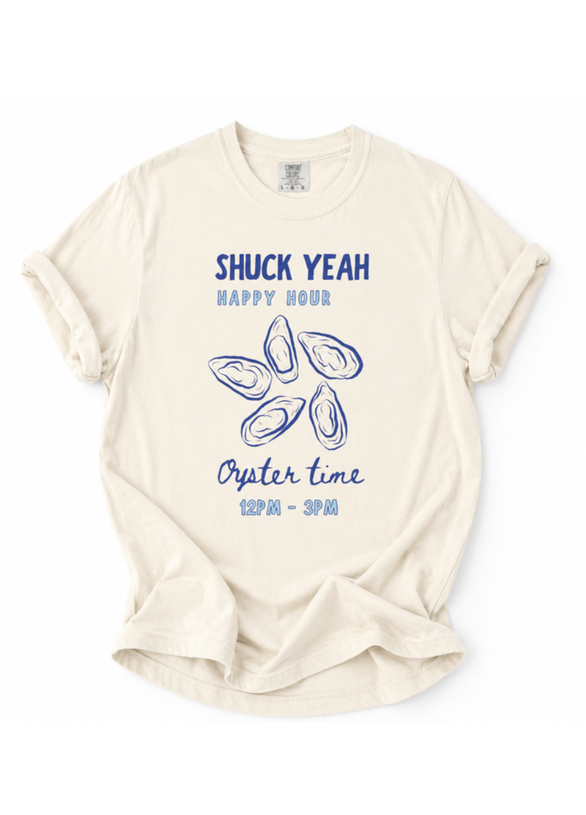 Beige t-shirt with blue graphic and text on a white background