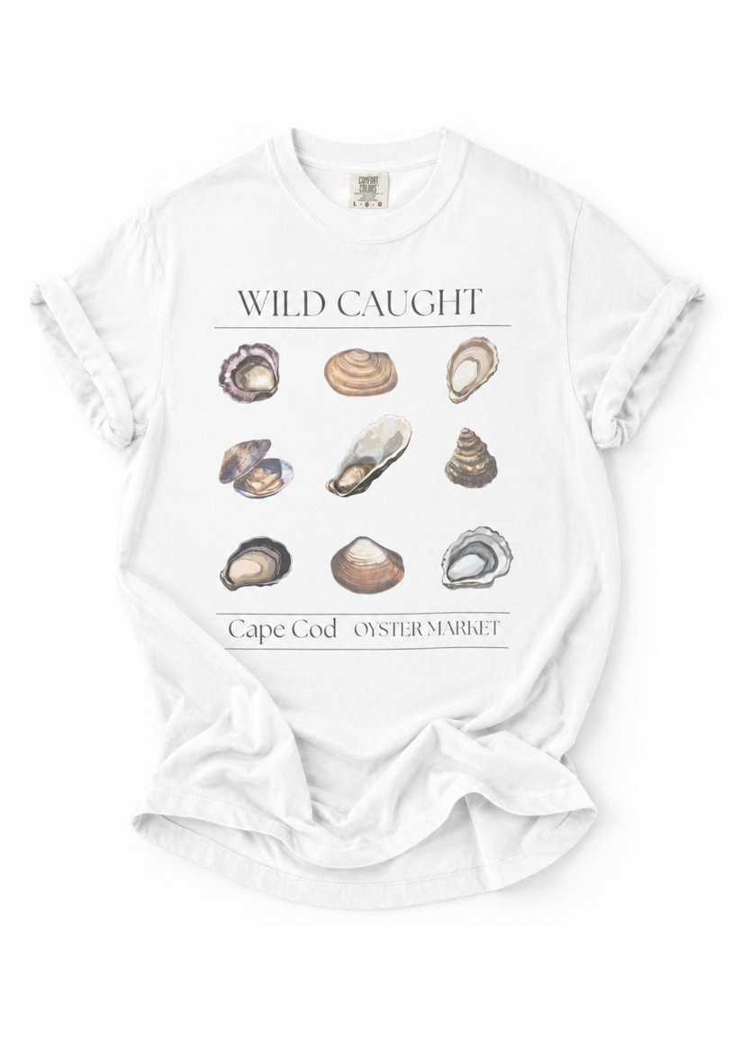 White t-shirt with shell graphics and text on a white background