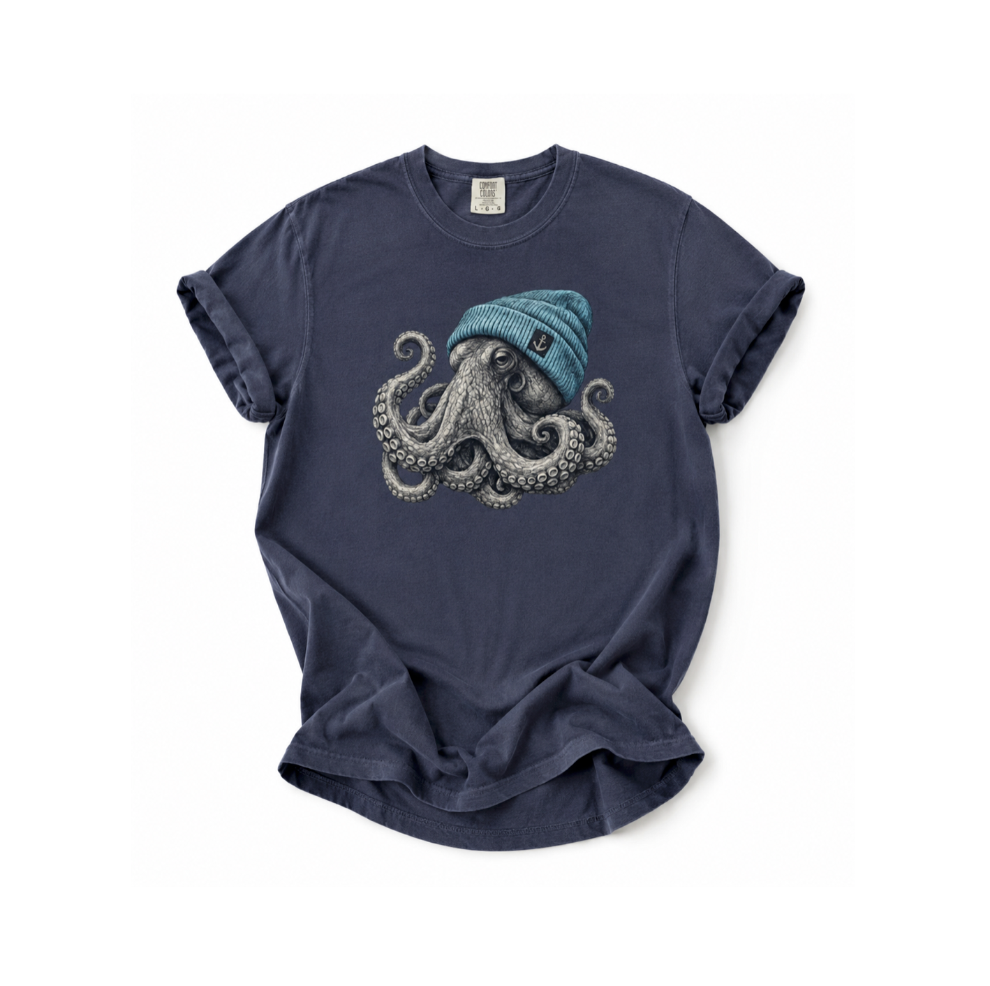 Navy blue t-shirt with an octopus wearing a blue beanie on a white background