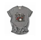 Gray t-shirt with an octopus playing drums graphic on a white background