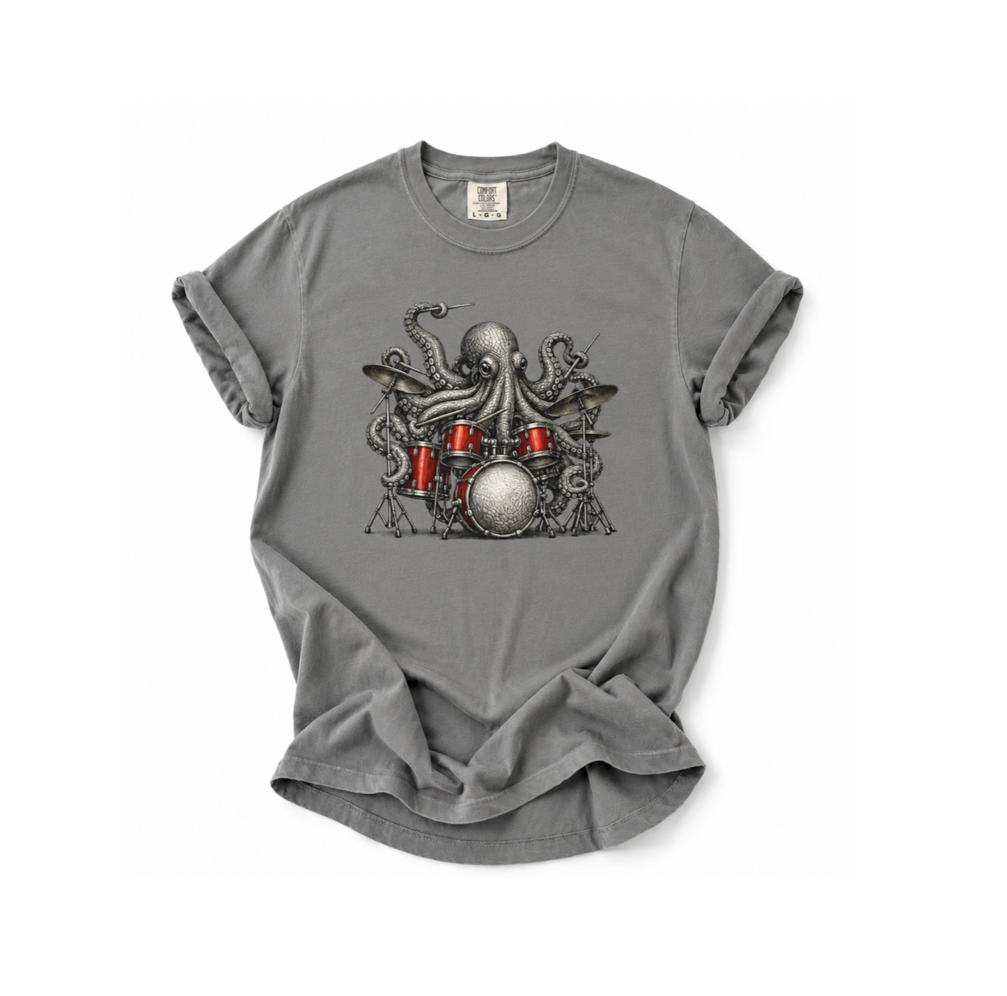 Gray t-shirt with an octopus playing drums graphic on a white background
