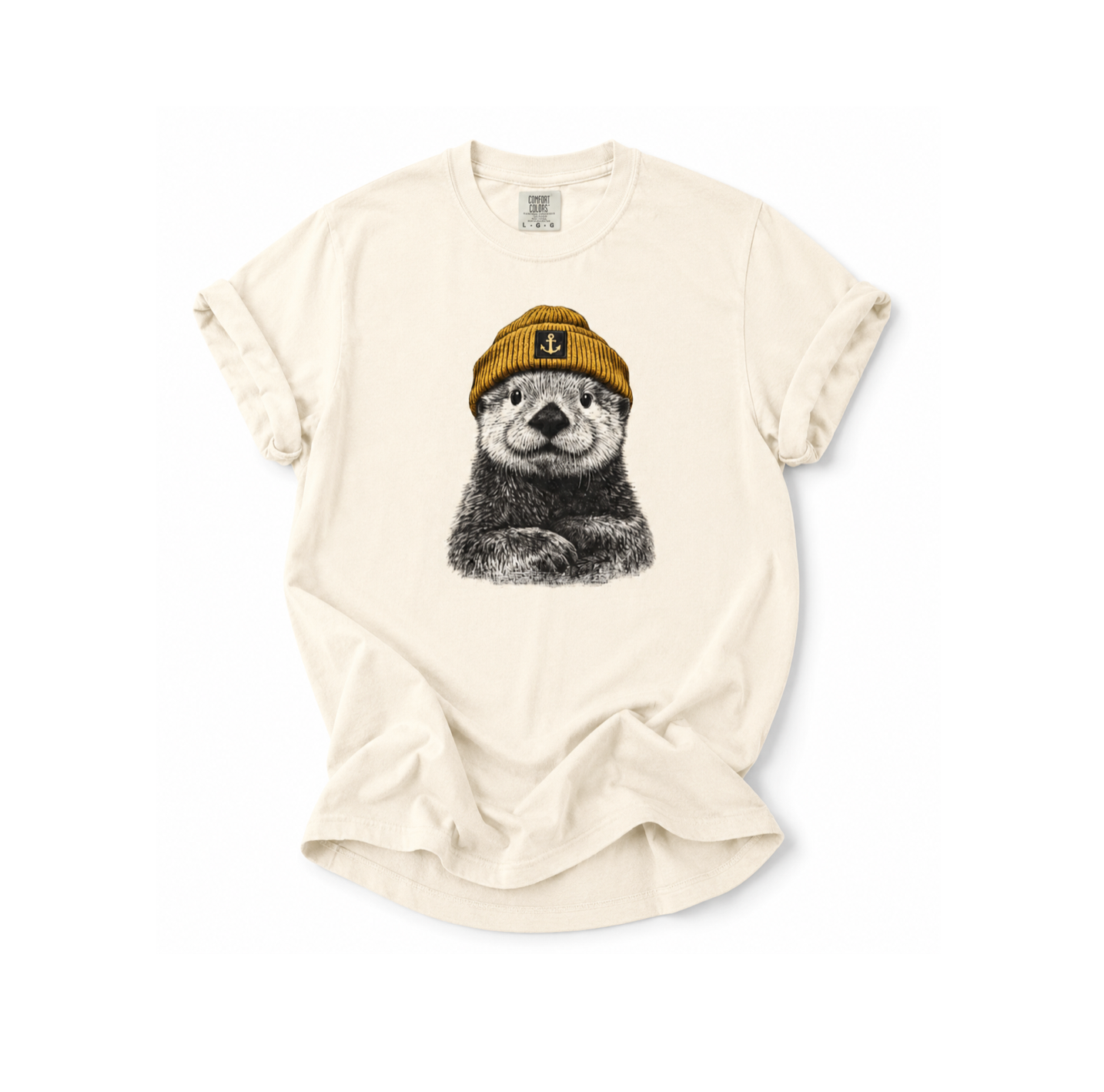 Beige t-shirt with a graphic of a bear wearing a hat on a white background