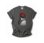 Gray t-shirt with a penguin wearing a red beanie on a white background
