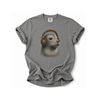 Gray t-shirt with a seal wearing headphones graphic on a white background