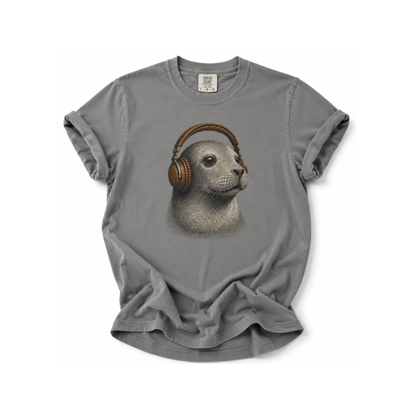 Gray t-shirt with a seal wearing headphones graphic on a white background