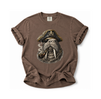 Brown t-shirt with a pirate walrus graphic on a white background