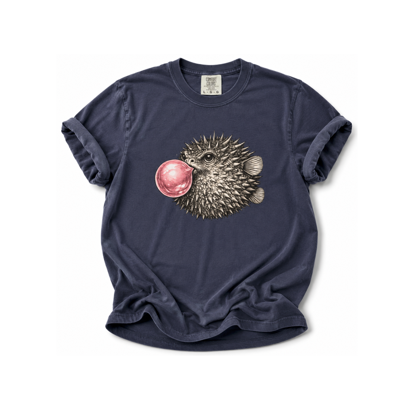 Navy blue t-shirt with a puffer fish graphic blowing a bubble on a white background