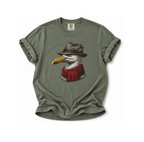 Green t-shirt with a graphic of a bird wearing a hat and scarf on a white background