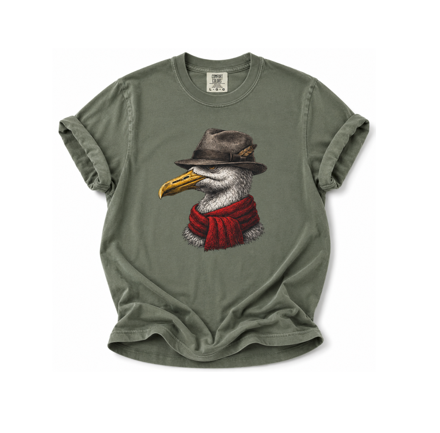 Green t-shirt with a graphic of a bird wearing a hat and scarf on a white background