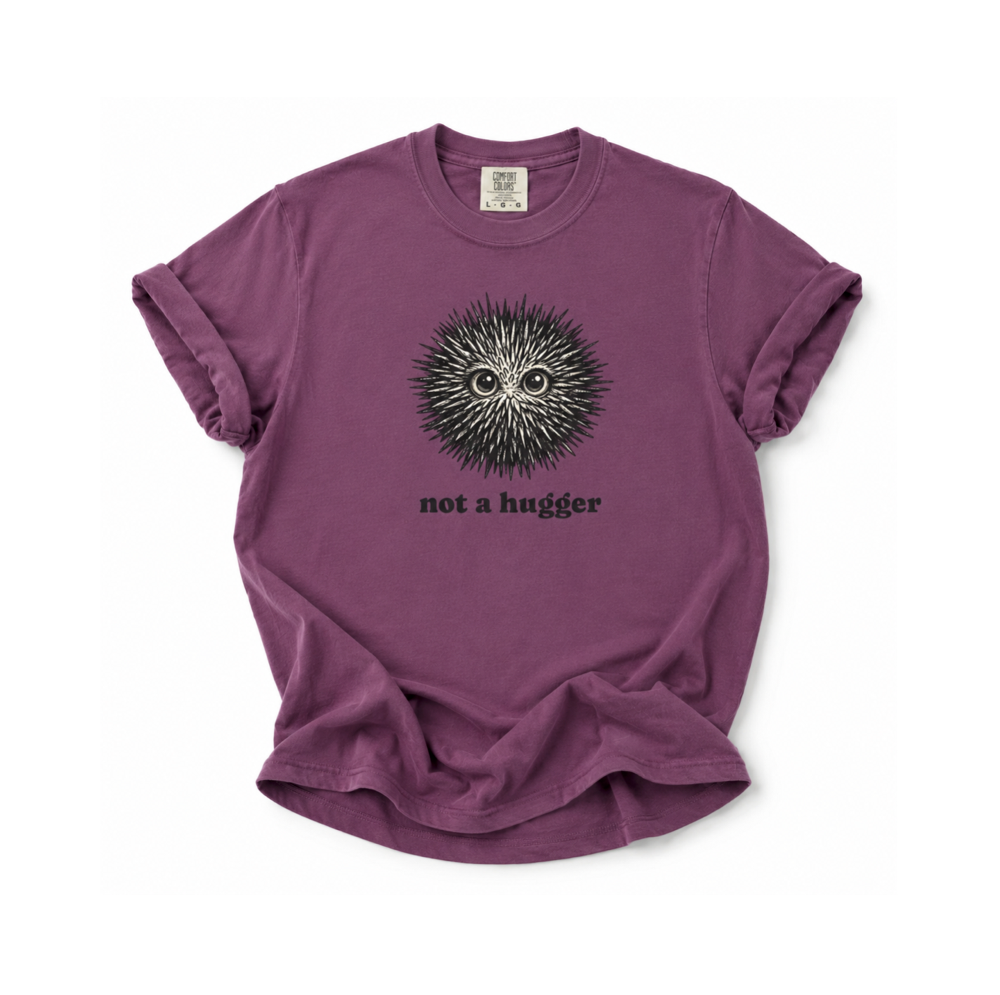 Purple t-shirt with a unique design and text on a white background