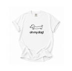 White t-shirt with 'oh my dog!' text and dachshund graphic on a white background