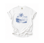 White t-shirt with blue palm tree design and 'Fiji' text on a white background