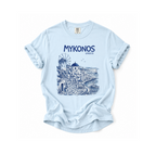 Light blue t-shirt with Mykonos, Greece graphic and text on a white background