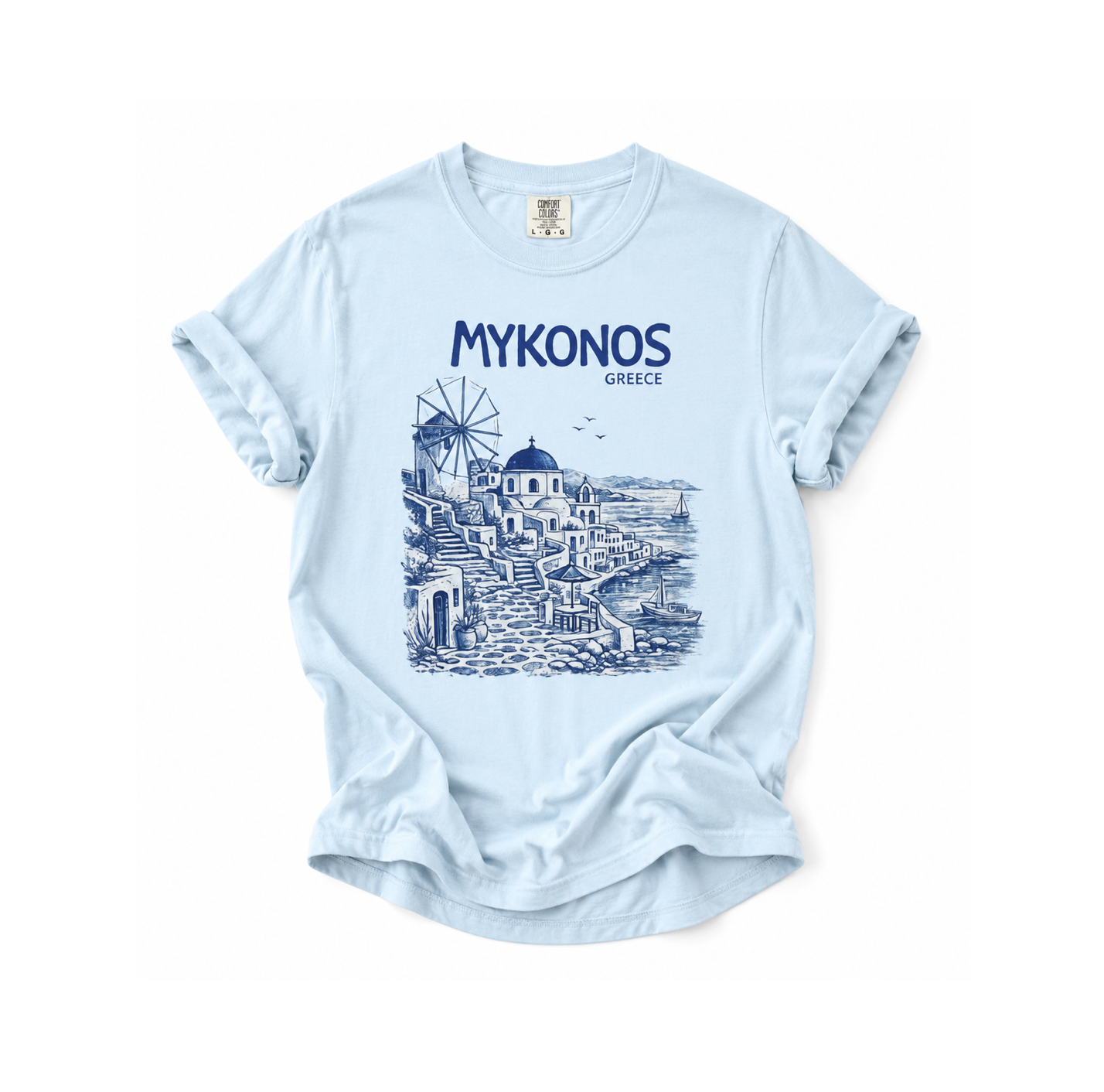 Light blue t-shirt with Mykonos, Greece graphic and text on a white background