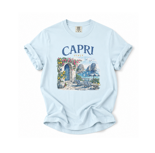 Light blue t-shirt with 'Capri' graphic design on a white background